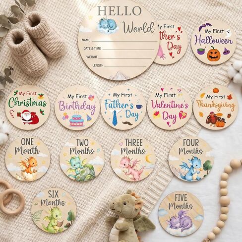 Dragon Monthly Baby Milestone Signs, 11PCS My First Holiday Milestone Cards Newborn Halloween Christmas Gift, Wooden Baby Announcement and Hello World Newborn Sign in Kuwait