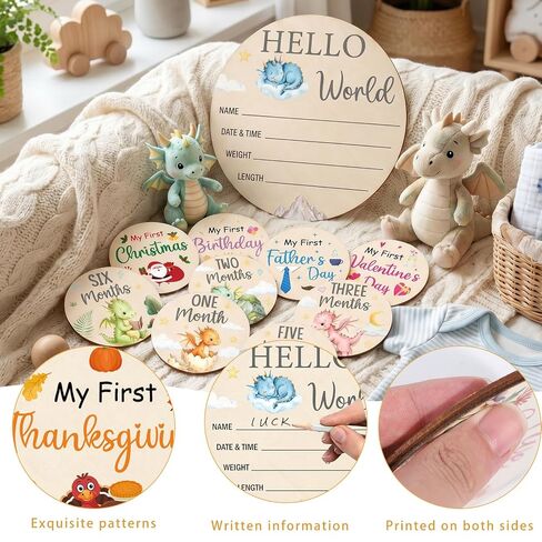 Dragon Monthly Baby Milestone Signs, 11PCS My First Holiday Milestone Cards Newborn Halloween Christmas Gift, Wooden Baby Announcement and Hello World Newborn Sign in Kuwait