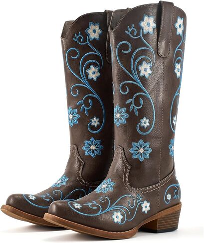 Lante Cowboy Boots For Women Mid Calf Western Cowgirl Boots | Chunky Heel Snip Toe Stitched Embroidery Ideal for Country Concert Dancing Wedding in Kuwait