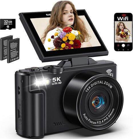 5K Digital Camera for Photography, 75MP WiFi Vlogging Camera for YouTube with 3" 180° Flip Screen, 18X Zoom UHD Autofocus Video Camara with 32GB SD Card in Kuwait