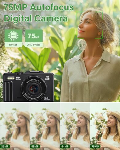 5K Digital Camera for Photography, 75MP WiFi Vlogging Camera for YouTube, 18X Zoom UHD Autofocus, 3" 180° Flip Screen, Video Camera with 32GB SD Card & 2 Batteries in Kuwait