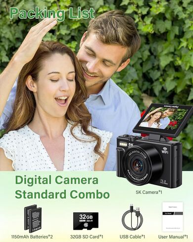 5K Digital Camera for Photography, 75MP WiFi Vlogging Camera for YouTube, 18X Zoom UHD Autofocus, 3" 180° Flip Screen, Video Camera with 32GB SD Card & 2 Batteries in Kuwait