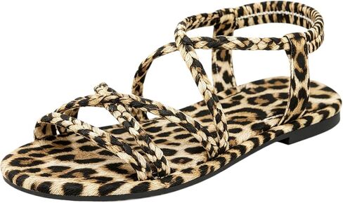 Women's Leopard Print Braided Roman Sandals, Bohemian Flat Strappy Beach Shoes with Comfortable Elastic Ankle Strap, Plus Size in Kuwait