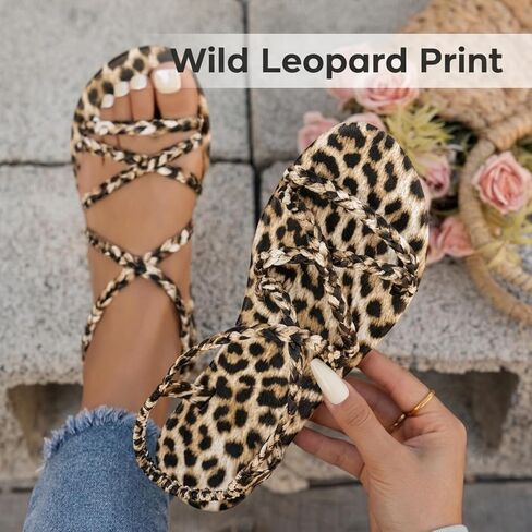 Women's Leopard Print Braided Roman Sandals, Bohemian Flat Strappy Beach Shoes with Comfortable Elastic Ankle Strap, Plus Size in Kuwait