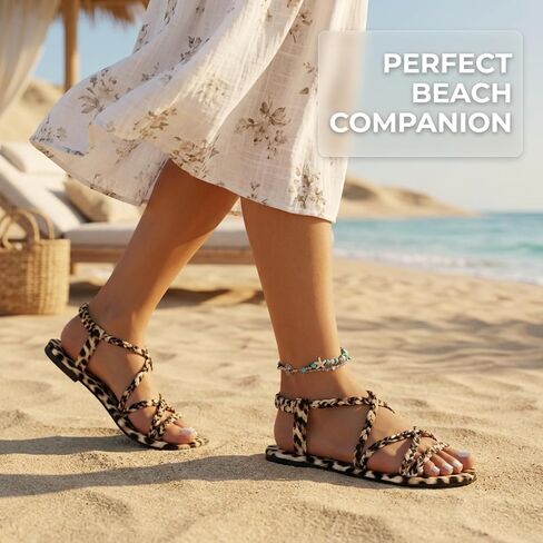 Women's Leopard Print Braided Roman Sandals, Bohemian Flat Strappy Beach Shoes with Comfortable Elastic Ankle Strap, Plus Size in Kuwait