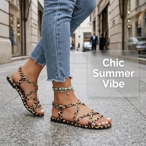 Women's Leopard Print Braided Roman Sandals, Bohemian Flat Strappy Beach Shoes with Comfortable Elastic Ankle Strap, Plus Size in Kuwait