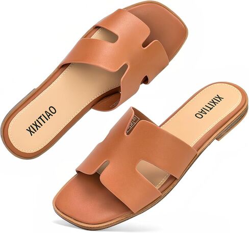 XIXITIAO Women's Flat Sandals,Classic H Band Sandals | Trendy Color Blocking Square Open Toe Slip On Beach Slides for Women,Durable Non Slip Sole,Memory Foam Insole in Saudi Arabia