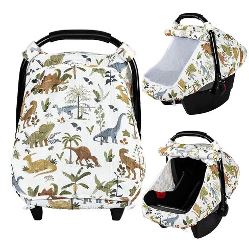 Hooyax Baby Car Seat Cover with Large Window, Breathable Muslin Carseat Canopy for Infant, Protective Stroller Shade for Boys Girls, Universal Car Seat Cover for Newborn, Baby Shower Gift (Dinosaur) in Kuwait