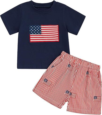 Toddler Boy 4th of July Outfit American Flag Printed Short Sleeve Casual T-Shirt Shorts with Side Pockets 2 Pcs Set in Saudi Arabia