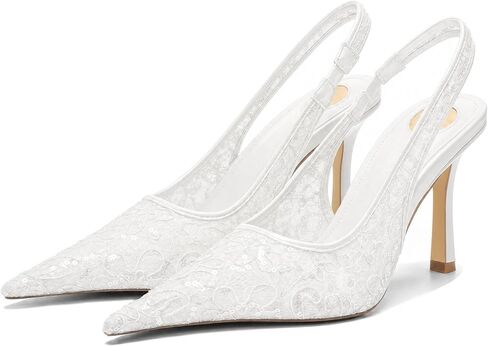 Women's Lace Mesh Slingback Heels Closed Pointed Toe Wedding Pumps 4" Stilettos Kitten Heeled Sandals for Party Evening Bridal Dress Shoes in Saudi Arabia