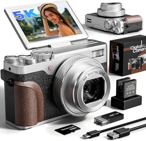 5K 64MP Digital Camera for Photography & YouTube Vlogging - 18X Zoom UHD Autofocus Video Camera with 3" 180° Flip Screen, 64GB TF Card & 2 Batteries - Compact Travel(Sliver) in Kuwait