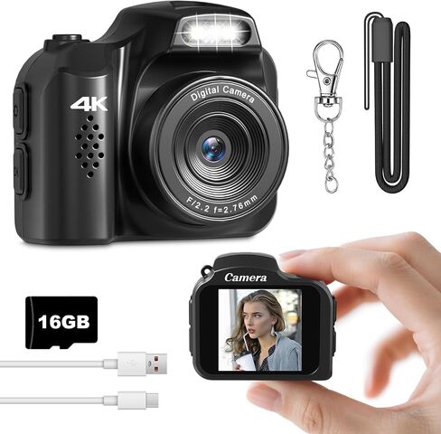 Mini Keychain Camera, 4K 64MP FHD Mini Retro Digital Camera(Black) | Mini Digital Camera Keychain with Flash,Filters,Lanyard & 16GB TF Card,Portable Keychain Camera for Travel Recording in Kuwait