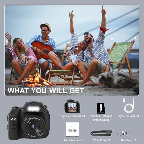 Mini Keychain Camera, 4K 64MP FHD Mini Retro Digital Camera(Black) | Mini Digital Camera Keychain with Flash,Filters,Lanyard & 16GB TF Card,Portable Keychain Camera for Travel Recording in Kuwait