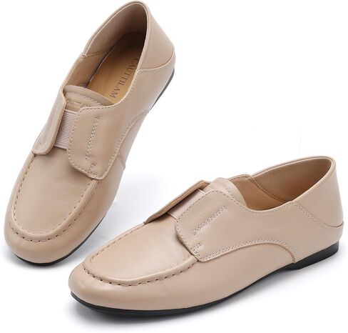 Women's Stretch Gore Slip-On Comfort Walking Loafers | Genuine Leather,Comfort Round Toe Flats with Elastic,3 Colors (Apricot, Black, Brown) in Kuwait