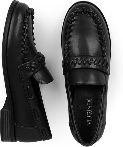 VIUGJNEX Women's Low Heel Loafers 1 Inch Stacked Heel Slip On Dressy Shoes | 1 Inch Low Heel, Round Toe, Braided Strap Detail, Comfortable Business Casual & Office Wear for Fall, Spring & Winter in Saudi Arabia