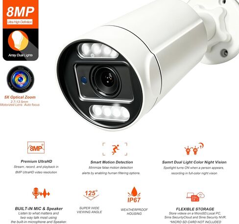 SINIS 4K PoE Security IP Camera, 8MP 5X Optical Zoom Bullet Camera Outdoor | Use Alone or With NVR, Smart Dual Light Color Night Vision, Human/Motion Detection, 2 Way Talk,Up to 512GB SD Card,Full Metal in Kuwait