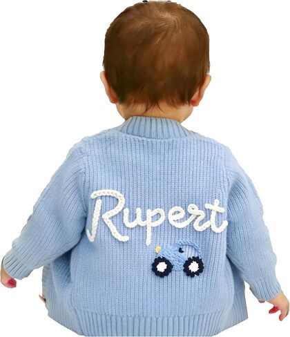 Personalised Name Knitted Baby Cardigan, Custom Floral Girls Cardigan, Baby Boy Cardigan Crochet, Embroidered Kids Jumper in Saudi Arabia