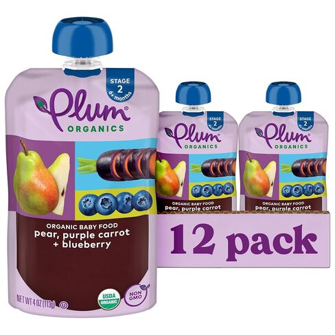 Plum Organics - 6+ Months Organic Baby Food - Pear, Purple Carrot & Blueberry - Non-GMO - On-The-Go Pouches for Baby & Toddler Meals - Quality Tested Ingredients - 4 oz (Pack Of 12) | 12 Pack - 4 oz - Organic Fruit and Vegetable Baby Food in Kuwait