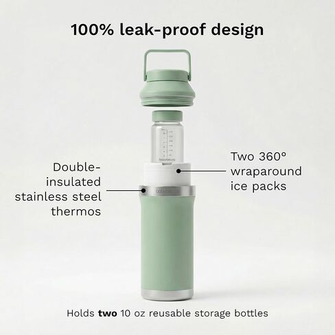 Baby Brezza All Day Portable Breastmilk Cooler, Large 20oz Capacity, Green | Double Wall Vacuum Insulated Travel Bottle, Dishwasher Safe, TSA Compliant, FSA or HSA, Includes 2 Ice Packs + 2 Bottles in Saudi Arabia