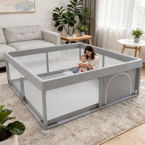 JINXIA 50x50 Inch Playpen for Babies and Toddlers, Soft & Skin-Safe Fabric | Sturdy Safety Activity Fence, Breathable Mesh Playard for Indoor Outdoor Activity Center, Light Grey in Saudi Arabia
