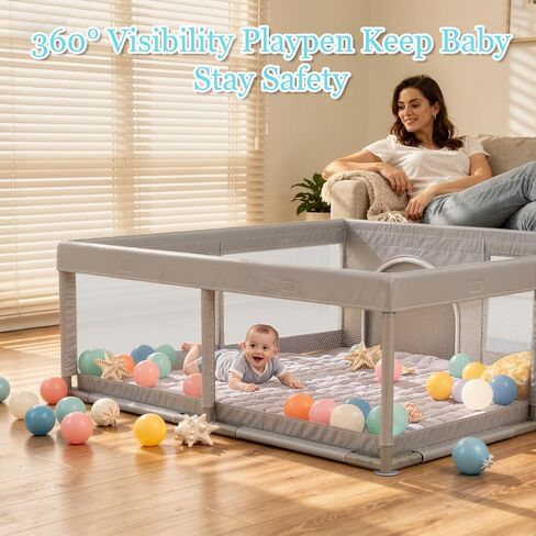JINXIA 50x50 Inch Playpen for Babies and Toddlers, Soft & Skin-Safe Fabric | Sturdy Safety Activity Fence, Breathable Mesh Playard for Indoor Outdoor Activity Center, Light Grey in Saudi Arabia