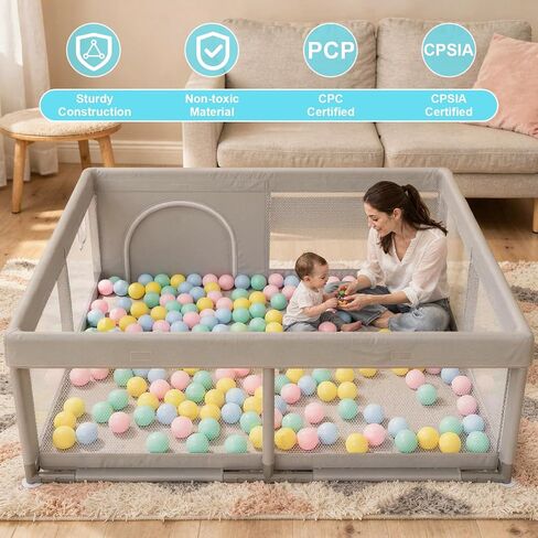 JINXIA 50x50 Inch Playpen for Babies and Toddlers, Soft & Skin-Safe Fabric | Sturdy Safety Activity Fence, Breathable Mesh Playard for Indoor Outdoor Activity Center, Light Grey in Saudi Arabia