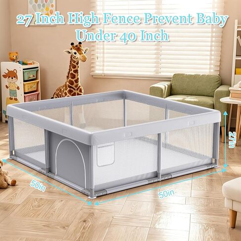 JINXIA 50x50 Inch Playpen for Babies and Toddlers, Soft & Skin-Safe Fabric | Sturdy Safety Activity Fence, Breathable Mesh Playard for Indoor Outdoor Activity Center, Light Grey in Saudi Arabia