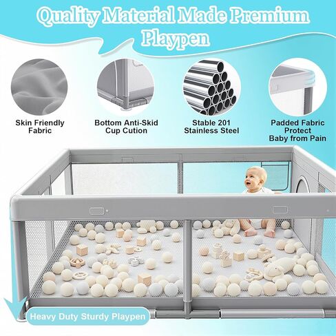JINXIA 50x50 Inch Playpen for Babies and Toddlers, Soft & Skin-Safe Fabric | Sturdy Safety Activity Fence, Breathable Mesh Playard for Indoor Outdoor Activity Center, Light Grey in Saudi Arabia