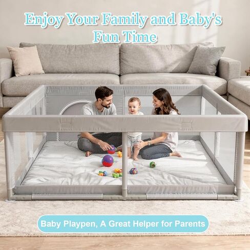 JINXIA 50x50 Inch Playpen for Babies and Toddlers, Soft & Skin-Safe Fabric | Sturdy Safety Activity Fence, Breathable Mesh Playard for Indoor Outdoor Activity Center, Light Grey in Saudi Arabia