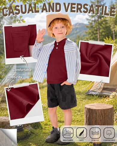 Yooo's Vivi 3 Pack Toddler Boys' Henley Shirts | Short Sleeve, Button Front, Pocket, Solid Color, Summer, Soft Fabric, Casual, Daily,Tops, for Babys 18M-5T in Saudi Arabia