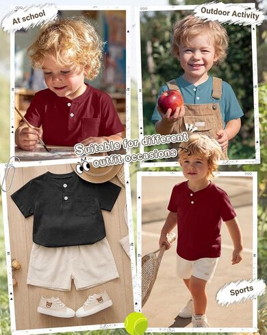 Yooo's Vivi 3 Pack Toddler Boys' Henley Shirts | Short Sleeve, Button Front, Pocket, Solid Color, Summer, Soft Fabric, Casual, Daily,Tops, for Babys 18M-5T in Saudi Arabia