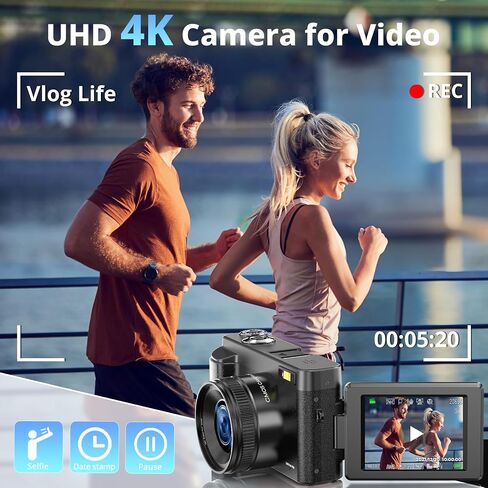4K Digital Camera for Photography and Video, Autofocus 48MP Vlogging Camera for YouTube with 3'' 180°Flip Screen 16X Zoom Compact Travel Cameras with SD Card, 2 Batteries, Anti-Shake, Flash (Black) in Kuwait
