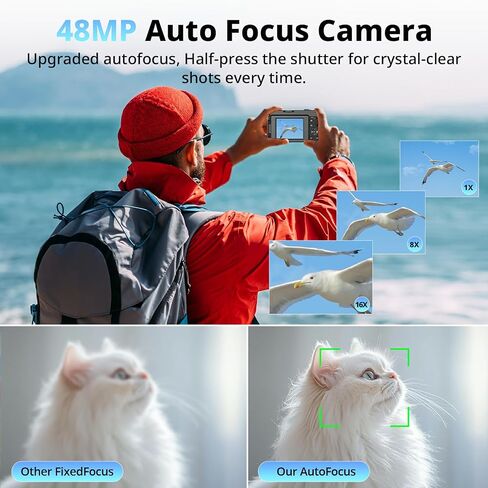 4K Digital Camera for Photography and Video, Autofocus 48MP Vlogging Camera for YouTube with 3'' 180°Flip Screen 16X Zoom Compact Travel Cameras with SD Card, 2 Batteries, Anti-Shake, Flash (Black) in Kuwait