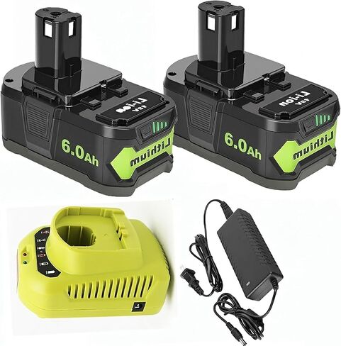 2-Pack 6.0Ah 18V Lithium Battery and Charger Replacement for Ryobi 18V ONE+ Tools, Compatible with Ryobi 18V Battery P102 P105 P107 P108 P189 P197 and Ryobi 18V Charger P117 P118 in Kuwait