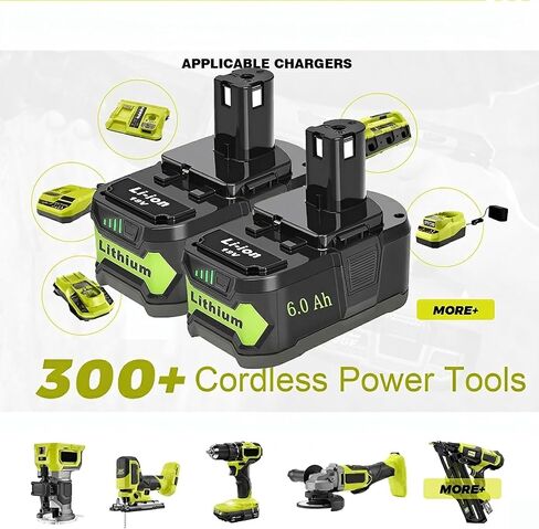 2-Pack 6.0Ah 18V Lithium Battery and Charger Replacement for Ryobi 18V ONE+ Tools, Compatible with Ryobi 18V Battery P102 P105 P107 P108 P189 P197 and Ryobi 18V Charger P117 P118 in Kuwait