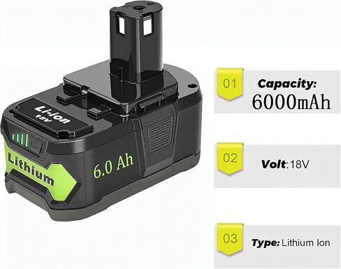 2-Pack 6.0Ah 18V Lithium Battery and Charger Replacement for Ryobi 18V ONE+ Tools, Compatible with Ryobi 18V Battery P102 P105 P107 P108 P189 P197 and Ryobi 18V Charger P117 P118 in Kuwait