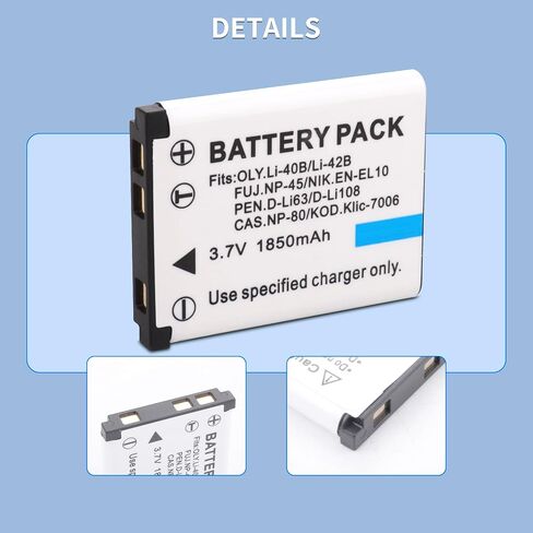 Battery 2-Pack + LCD Dual Charger Replacement for Kodak KLIC-7006, Olympus LI-42B LI-40B, Fujifilm NP-45 NP-45A NP-45B NP-45S, Nikon EN-EL10, Casio NP-80, Pentax D-Li63 D-Li108, Ricoh DS-6365 in Saudi Arabia