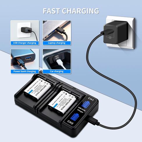Battery 2-Pack + LCD Dual Charger Replacement for Kodak KLIC-7006, Olympus LI-42B LI-40B, Fujifilm NP-45 NP-45A NP-45B NP-45S, Nikon EN-EL10, Casio NP-80, Pentax D-Li63 D-Li108, Ricoh DS-6365 in Saudi Arabia