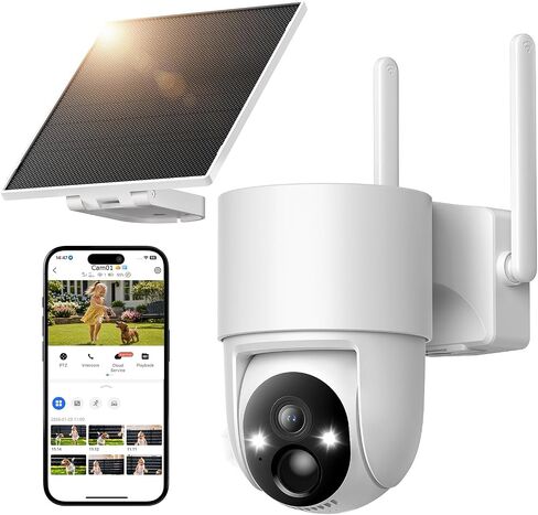 Tical Wireless Security Camera Outdoor, 4MP Solar Outdoor Security Camera, 24/7 Continuous Recording, 2.4GHz WiFi, 360° PTZ, Color Night Vision, PIR Motion Alerts, 2-Way Audio, White in Kuwait