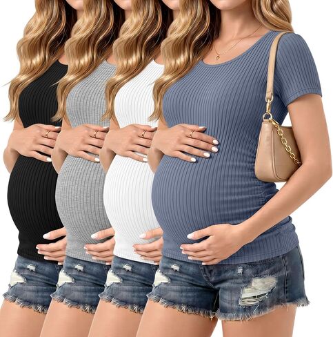 Riyiper 4 Pack Women's Ribbed Maternity T Shirts | 92% Cotton, Short Sleeve, Pregnant Tops, Crew Neck, Side Ruched, Maternity Clothes in Kuwait