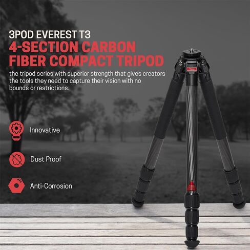 3Pod Everest T3 4-Section Carbon Fiber Tripod for Camera, Compact Travel Tripod, Reversible Center Column for Low Angle Photography in Saudi Arabia
