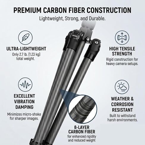 TONYBOO Carbon Fiber Tripod with 360° Ball Head, 63" Lightweight Travel Camera Tripod, 2-in-1 Compact Monopod Stand for DSLR, Heavy Duty Professional Shooting Tripod for Outdoor Hiking Photography in Kuwait