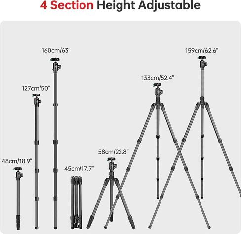 TONYBOO Carbon Fiber Tripod with 360° Ball Head, 63" Lightweight Travel Camera Tripod, 2-in-1 Compact Monopod Stand for DSLR, Heavy Duty Professional Shooting Tripod for Outdoor Hiking Photography in Kuwait