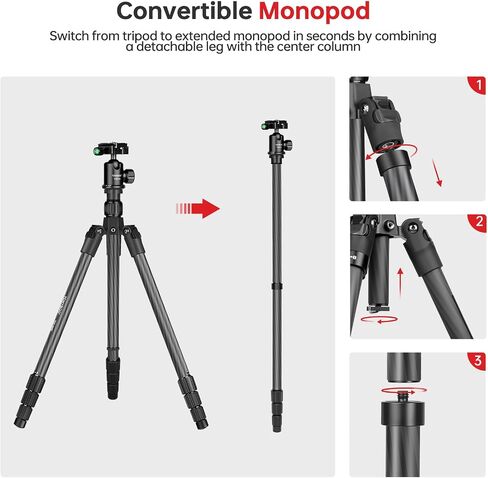 TONYBOO Carbon Fiber Tripod with 360° Ball Head, 63" Lightweight Travel Camera Tripod, 2-in-1 Compact Monopod Stand for DSLR, Heavy Duty Professional Shooting Tripod for Outdoor Hiking Photography in Kuwait