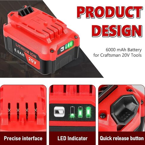 Upgraded 2-Packs Replacing 6.0 Ah Battery Compatible for Craftsman 20v Battery Compatible with Craftsman CMCB204, CMCB204, CMCB206, CMCB202, CMCB201 20V Cordless Power Tools High Performance in Saudi Arabia