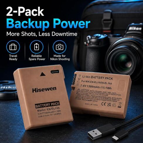بطارية EN-EL14 مع مدخل USB-C، عبوتان بطارية EN-EL14A بقدرة 1500 مللي أمبير في الساعة لكاميرات Nikon D3100 D3200 D3300 D3400 D3500 D5100 D5200 D5300 D5500 D5600 DF Coolpix P7000 P7100 P7700 P7800 in Kuwait