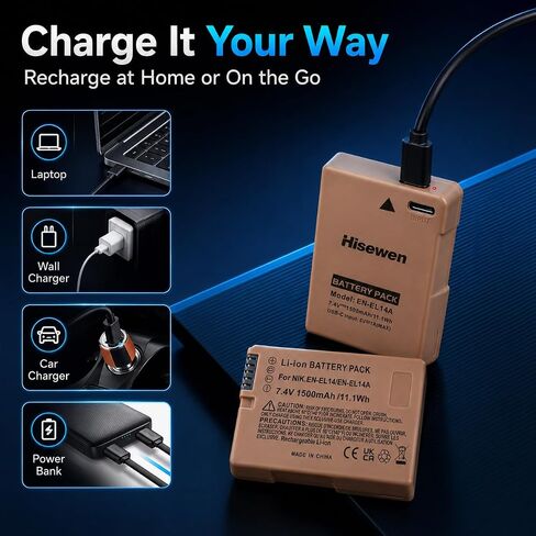 بطارية EN-EL14 مع مدخل USB-C، عبوتان بطارية EN-EL14A بقدرة 1500 مللي أمبير في الساعة لكاميرات Nikon D3100 D3200 D3300 D3400 D3500 D5100 D5200 D5300 D5500 D5600 DF Coolpix P7000 P7100 P7700 P7800 in Kuwait