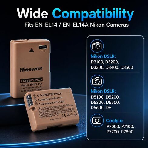 بطارية EN-EL14 مع مدخل USB-C، عبوتان بطارية EN-EL14A بقدرة 1500 مللي أمبير في الساعة لكاميرات Nikon D3100 D3200 D3300 D3400 D3500 D5100 D5200 D5300 D5500 D5600 DF Coolpix P7000 P7100 P7700 P7800 in Kuwait