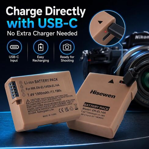 بطارية EN-EL14 مع مدخل USB-C، عبوتان بطارية EN-EL14A بقدرة 1500 مللي أمبير في الساعة لكاميرات Nikon D3100 D3200 D3300 D3400 D3500 D5100 D5200 D5300 D5500 D5600 DF Coolpix P7000 P7100 P7700 P7800 in Kuwait