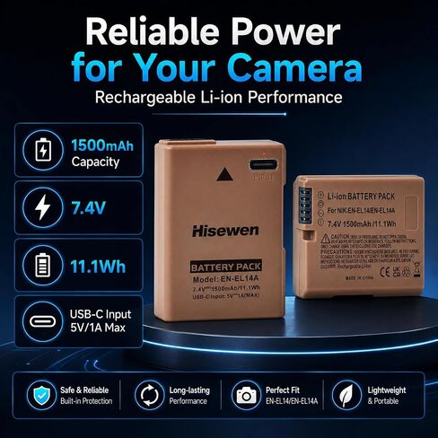 بطارية EN-EL14 مع مدخل USB-C، عبوتان بطارية EN-EL14A بقدرة 1500 مللي أمبير في الساعة لكاميرات Nikon D3100 D3200 D3300 D3400 D3500 D5100 D5200 D5300 D5500 D5600 DF Coolpix P7000 P7100 P7700 P7800 in Kuwait